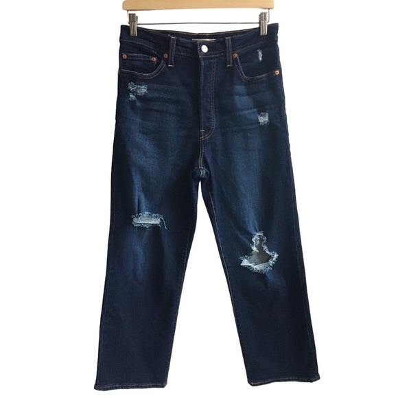 Levi’s Ribcage Straight Ankle Buttonfly Ultra High Rise Destructed Jeans Size 29 - Picture 1 of 16